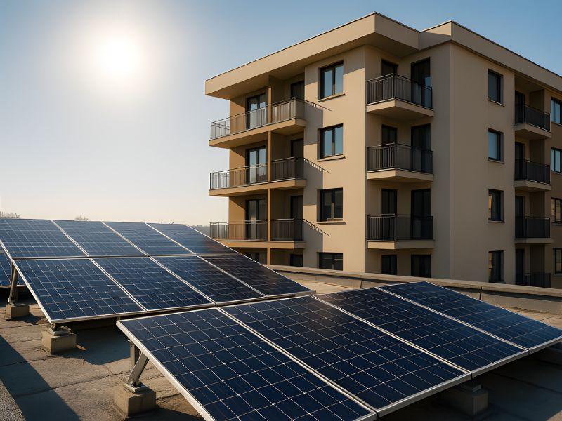 Placas solares sobre um telhado de um prédio